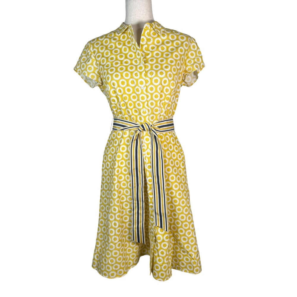 Boden Sophia Shirt Dress 6R Yellow Cotton Stretch Preppy Belted Short Sleeve